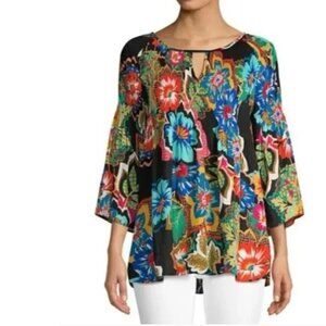 Spense Womens Blouse Black Floral Crinkle Pleat Bell Sleeve Chiffon L New